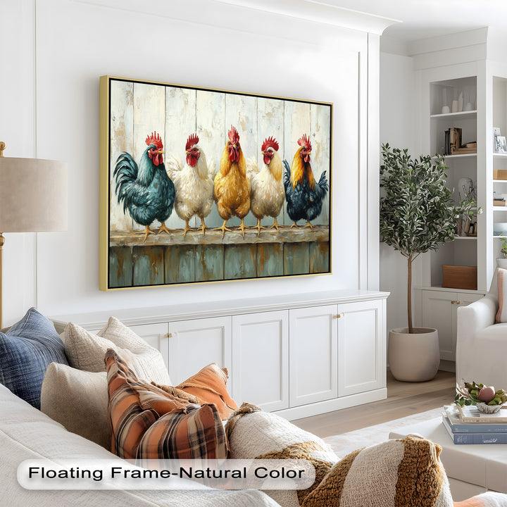 Colorful Roosters on a Wooden Fence – Animal Oil Painting