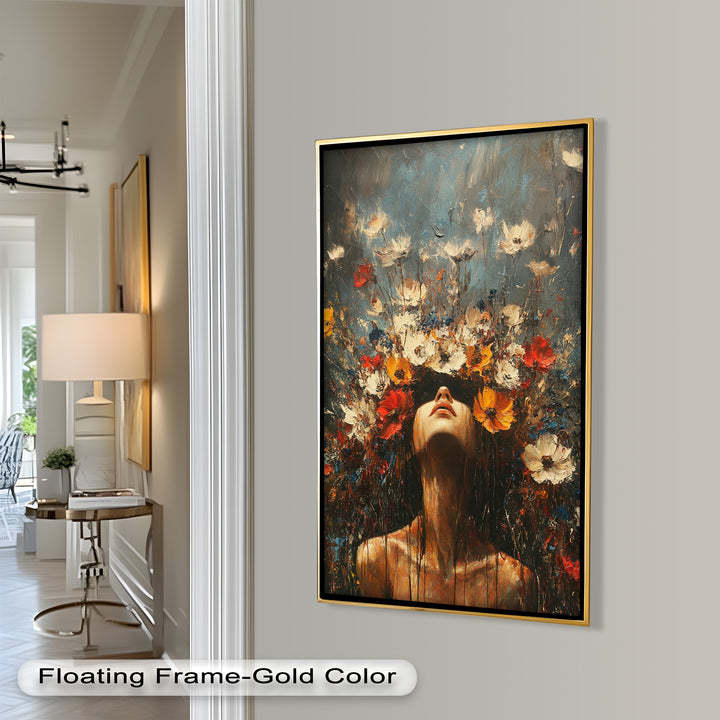 Floral Rebirth – Woman with Blossoming Crown Abstract Oil Painting