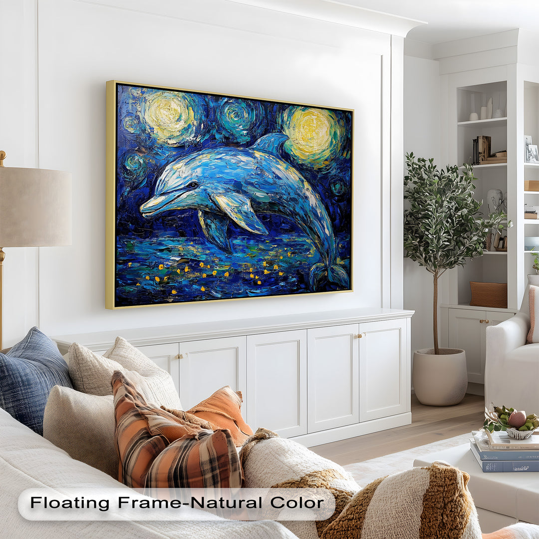 Starry Night Dolphin in Ocean Dreamscape – Animal Oil Painting