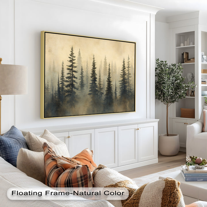 Peaceful forest-inspired painting with layers of mist and shadowy trees.
