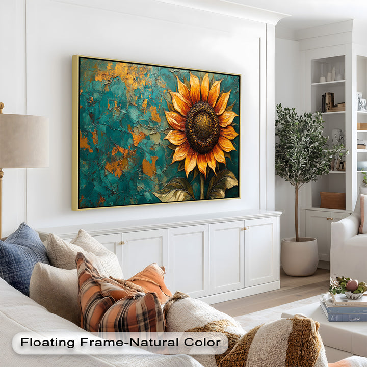 Sunflower on Textured Teal - Flower Oil Painting