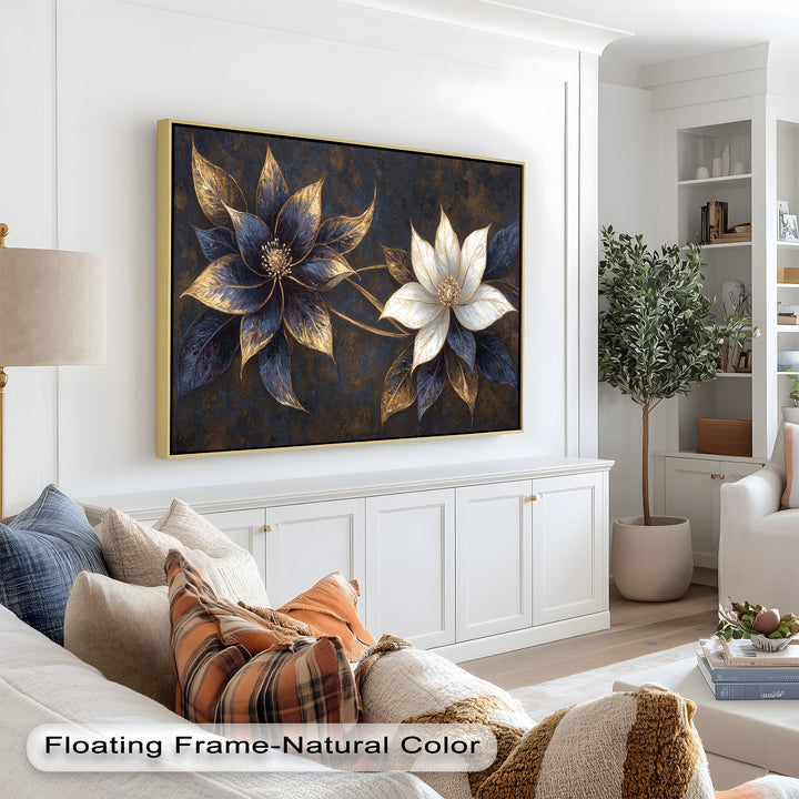 Golden floral design blending dark elegance with luminous highlights.
