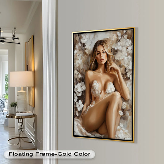Negative space accentuates the alluring nude figure in this romantic oil painting decoration, surrounded by a soft bloom of floral artistry.