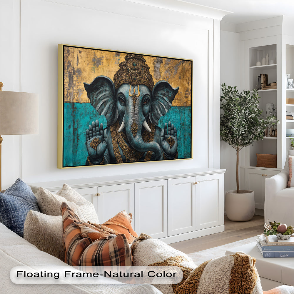 A detailed artistic portrait of Ganesha in a symmetrical pose, wearing ornate jewelry and a crown, radiating divine strength and protection.