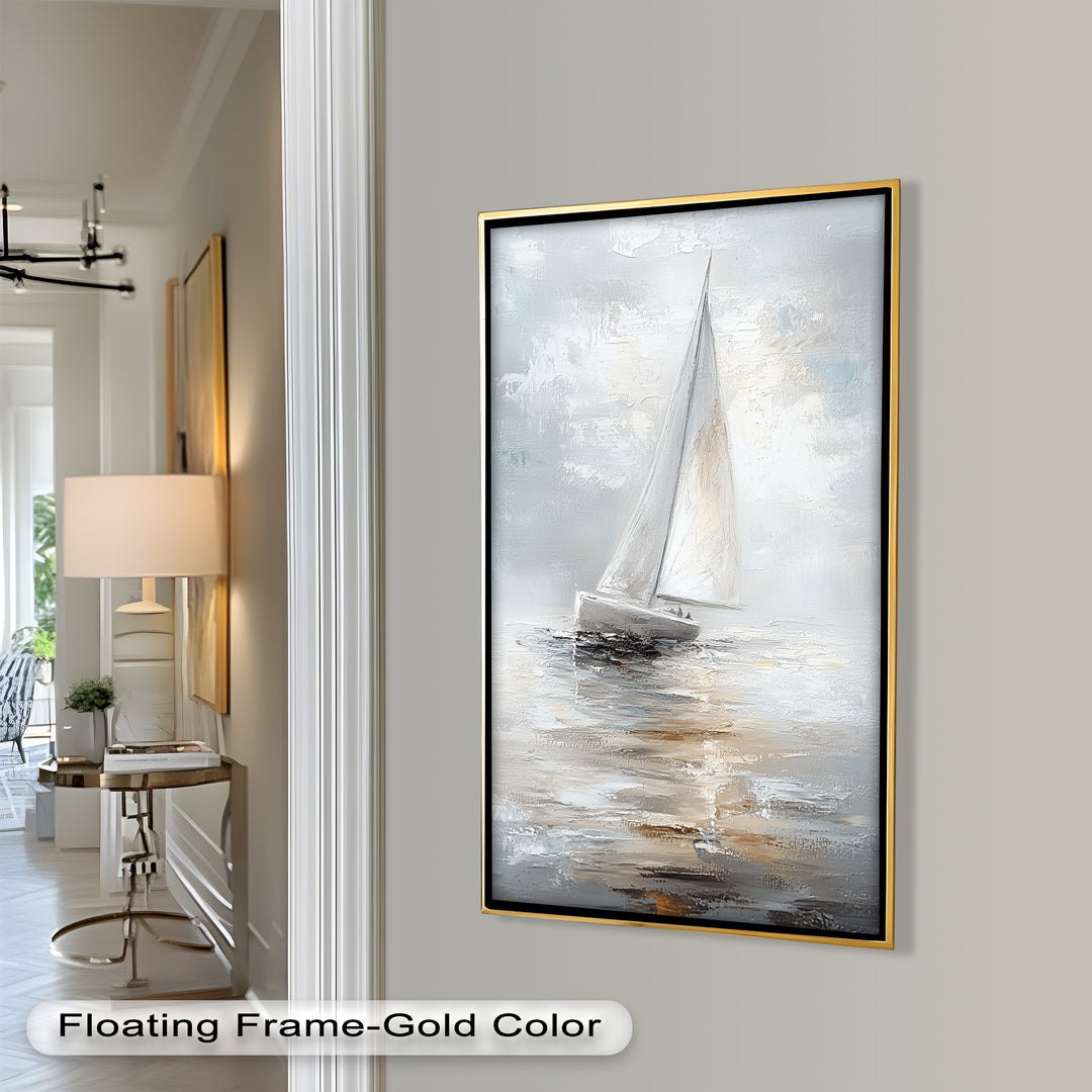 Sailing Through the Mist – White Boat Oil Painting