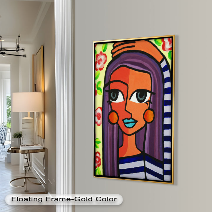 Striped Radiance – Playful Woman with Purple Hair Picasso Oil Painting