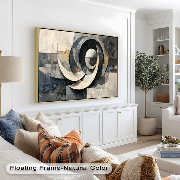 Bold architectural artwork with overlapping curves and hints of golden sheen.
