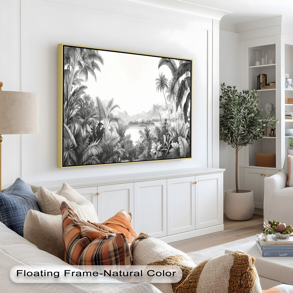 Towering palm trees and dense foliage frame a distant mountain range and calm water.
