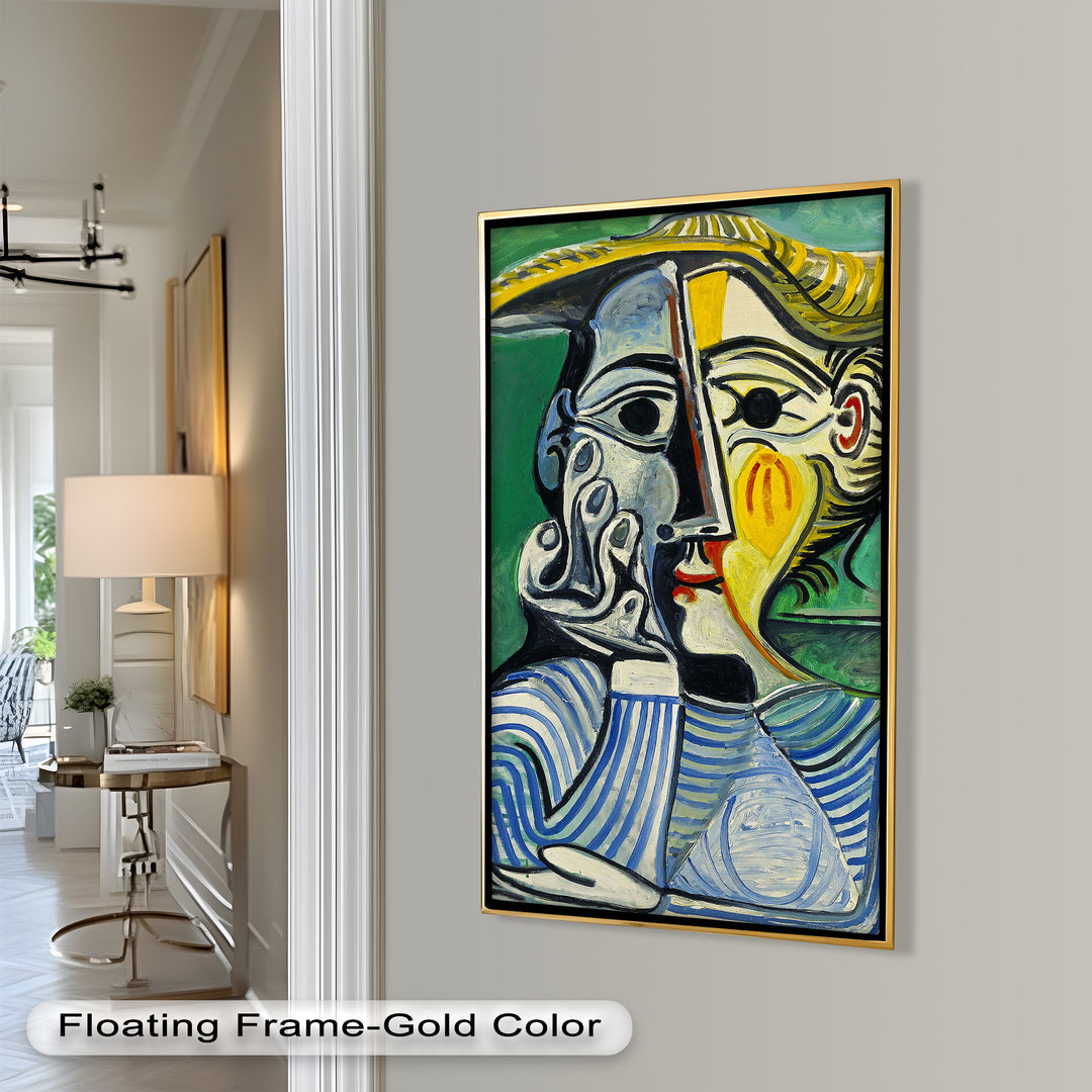 Nachdenklicher Blick – Gestreifte Frau mit Sonnenhut Picasso Ölgemälde