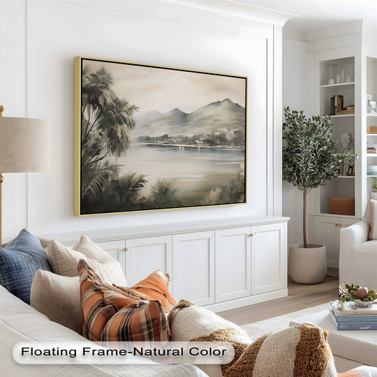 A tranquil tropical river landscape oil painting wall art takes center stage with a mountain vista framed by palms, a classic nature scene.