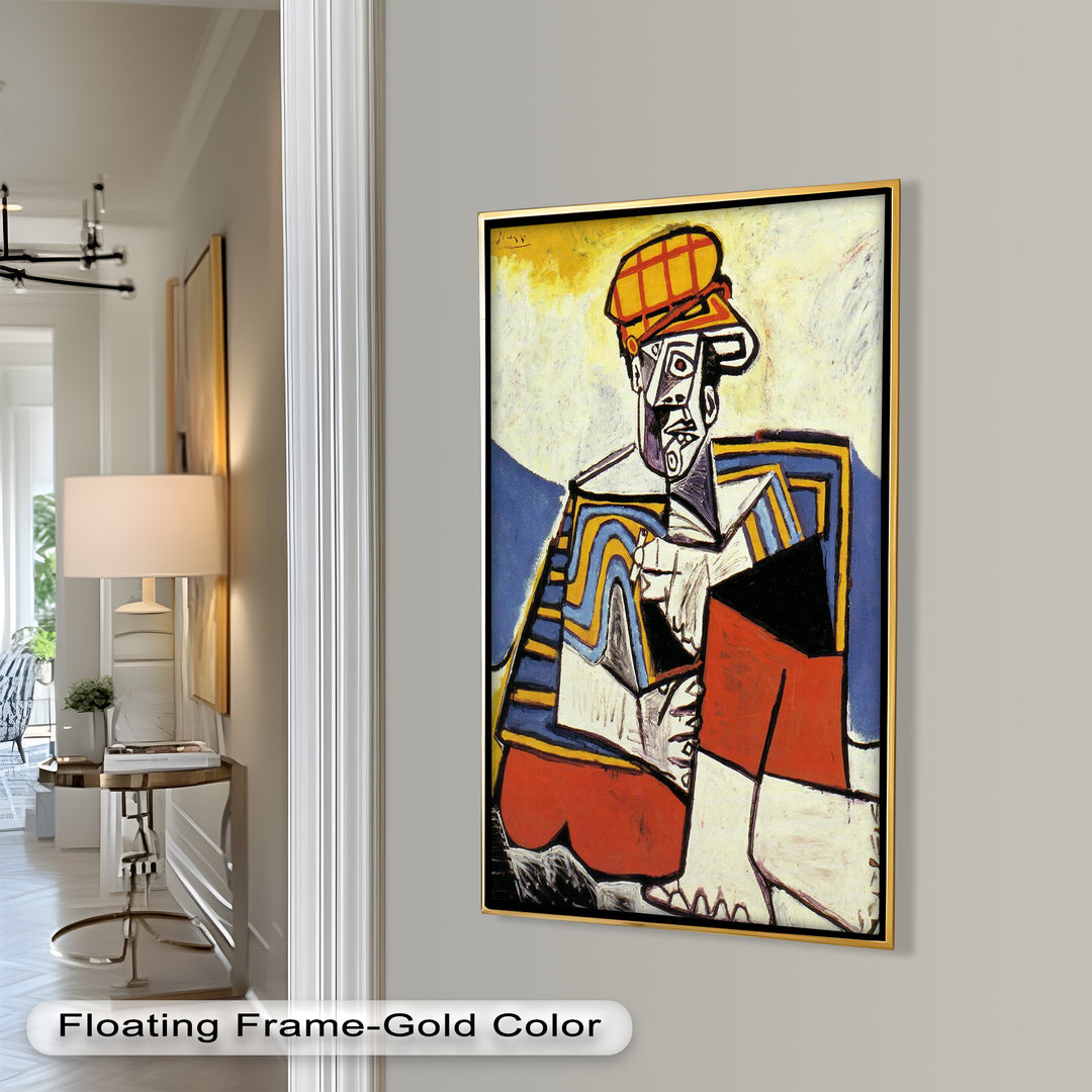 A bold cubist portrait of a seated figure in a red and yellow cap, with angular features and dynamic patterns in a stylized form.

