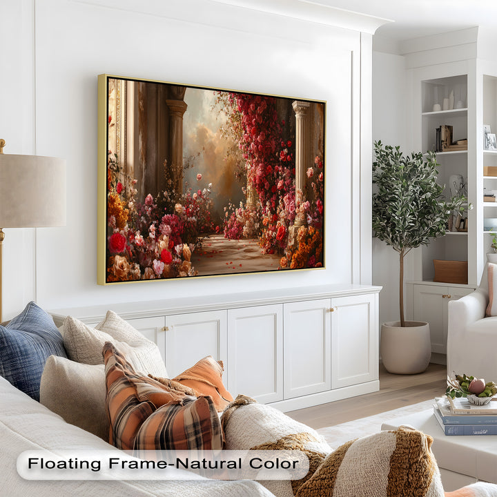 Rosenbedeckte Palastsäulen – Florales Fantasie-Ölgemälde