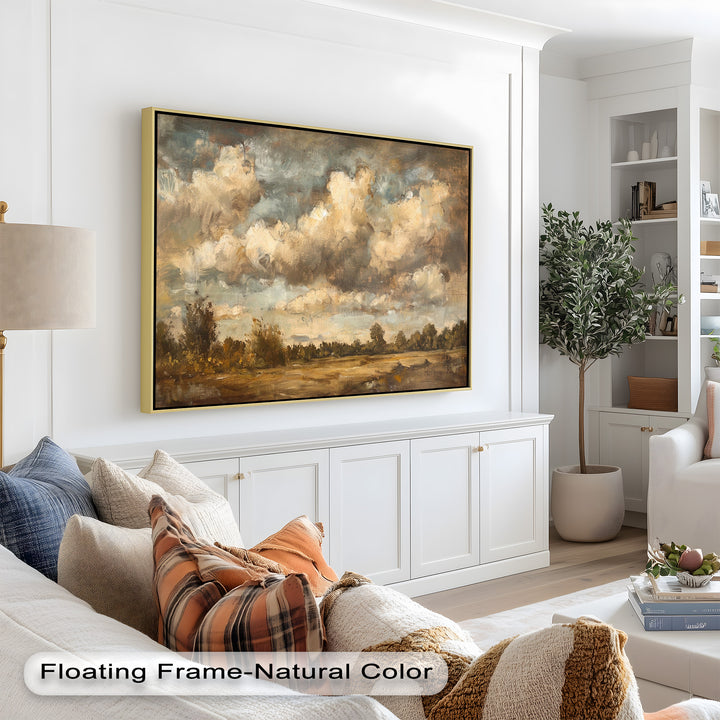 A serene rural scene unfolds in this impressionist-style painting, where golden light filters through the clouds, casting a gentle glow over rolling fields and distant trees.