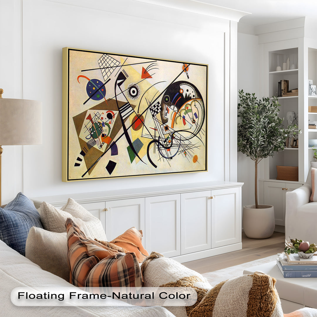 Dynamic abstract painting featuring intersecting lines, colorful shapes, and geometric patterns on a neutral background.
