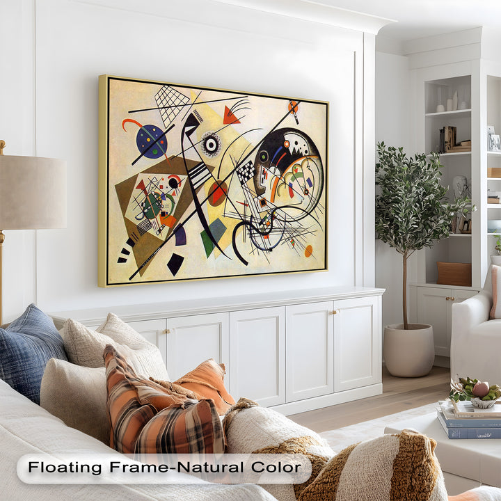 Dynamic abstract painting featuring intersecting lines, colorful shapes, and geometric patterns on a neutral background.