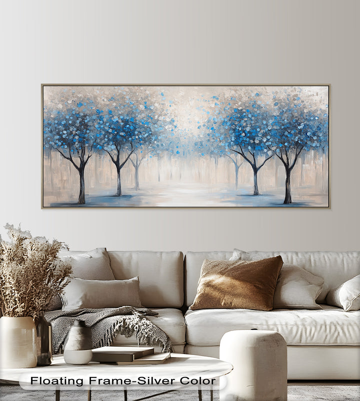 A whimsical and elegant depiction of a forest with blue-leafed trees fading into a misty, neutral-toned background.