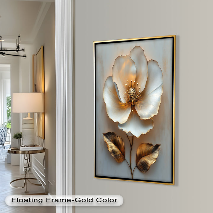Golden Glow Bloom – White and Gold Flower Oil Painting