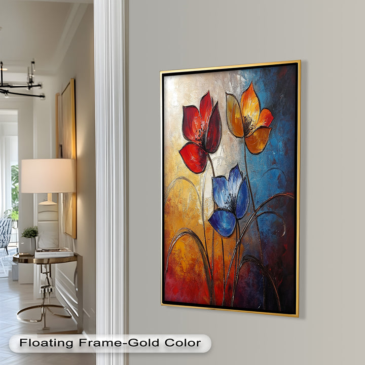 Eternal Bloom – Red, Yellow, and Blue Floral Oil Painting