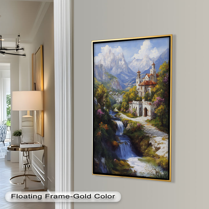 Mountain Abbey by the Falls – Serene Renaissance Oil Painting