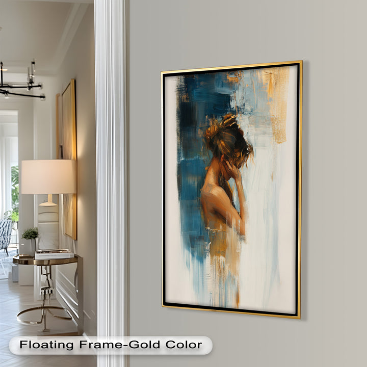 Veil of Thought – Introspective Woman in Blue and Gold Abstract Oil Painting