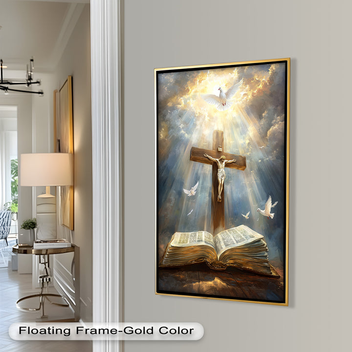 Jesus on the Cross with Open Bible and Doves - Oil Painting