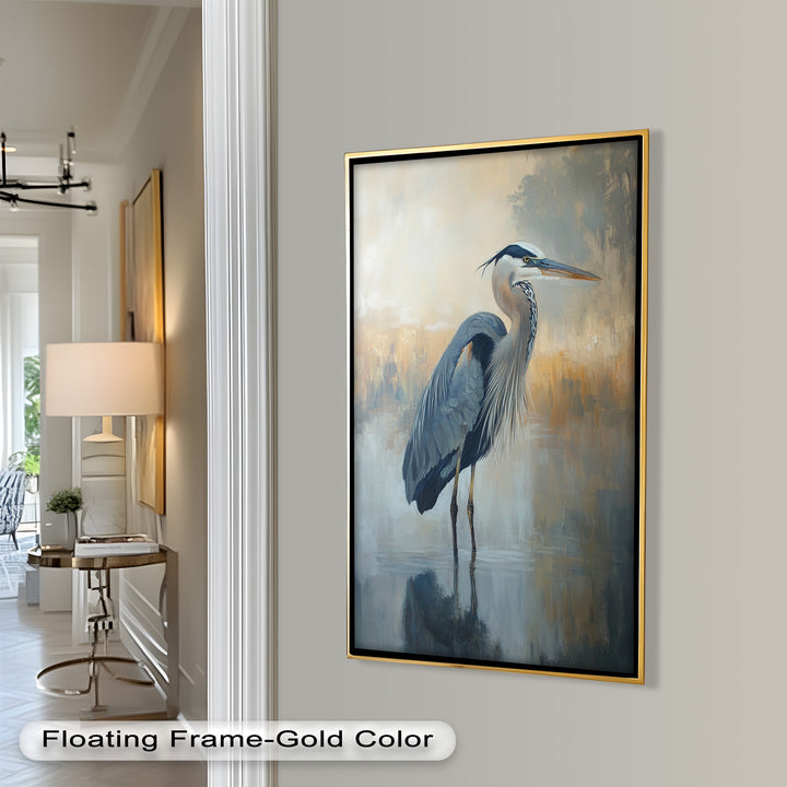 Heron in Misty Marshland - Framed Oil Painting