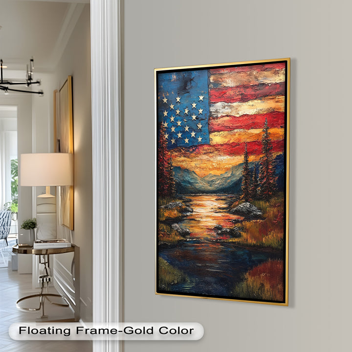 Amerikanische Flagge Sonnenuntergang Landschaft - Patriotisches Ölgemälde