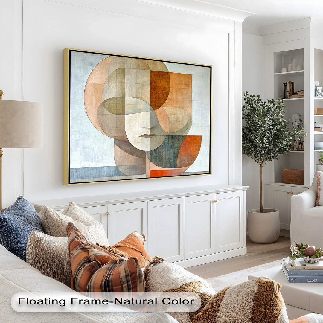 Stylized abstract expression of a face using soft neutrals and geometric forms.

