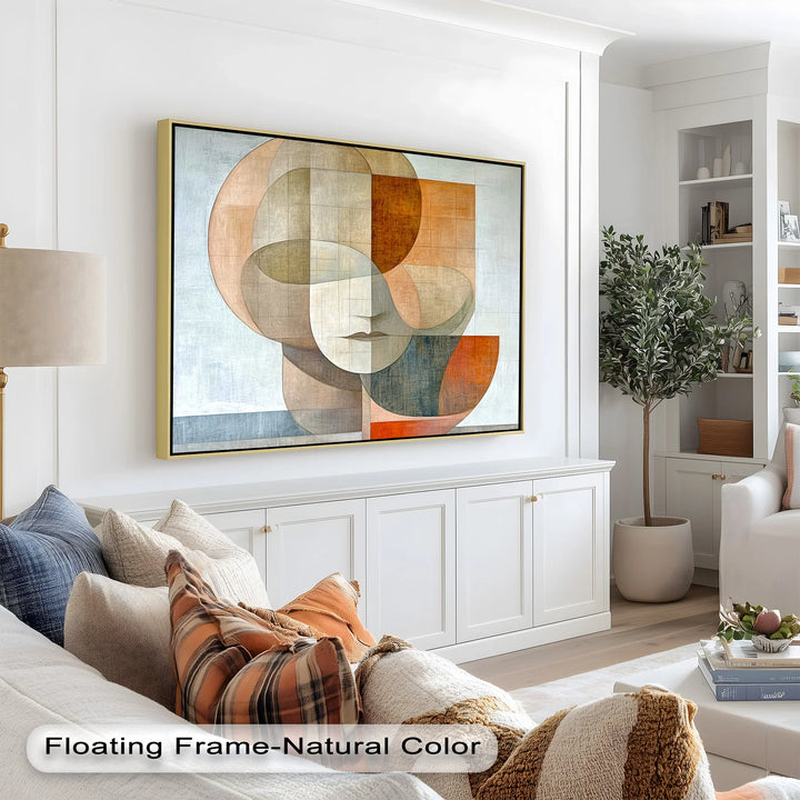 Stylized abstract expression of a face using soft neutrals and geometric forms.

