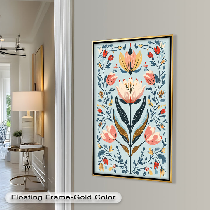 Folk-inspirierte Tulpenharmonie – Boho-Blumenölgemälde