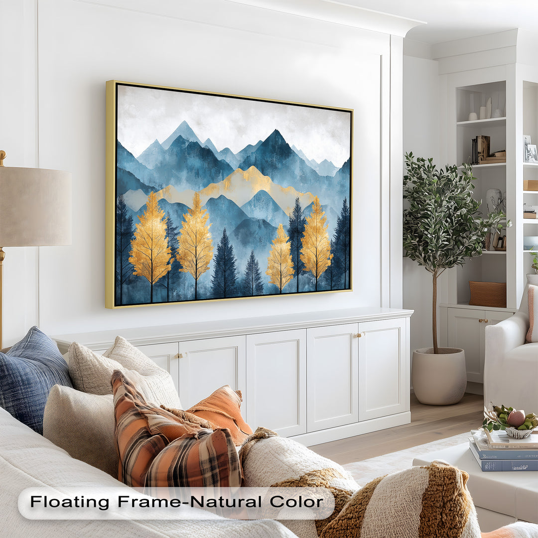 Blaue und goldene Aquarell-Berglandschaftskunst – Atemberaubende Ölgemälde