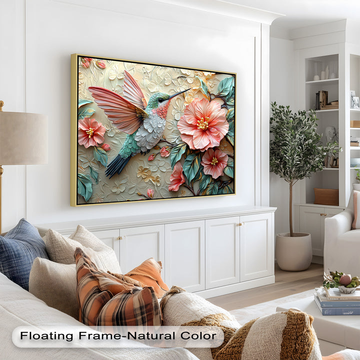 Spring Hummingbird with Pink Flowers – Framed Oil Painting