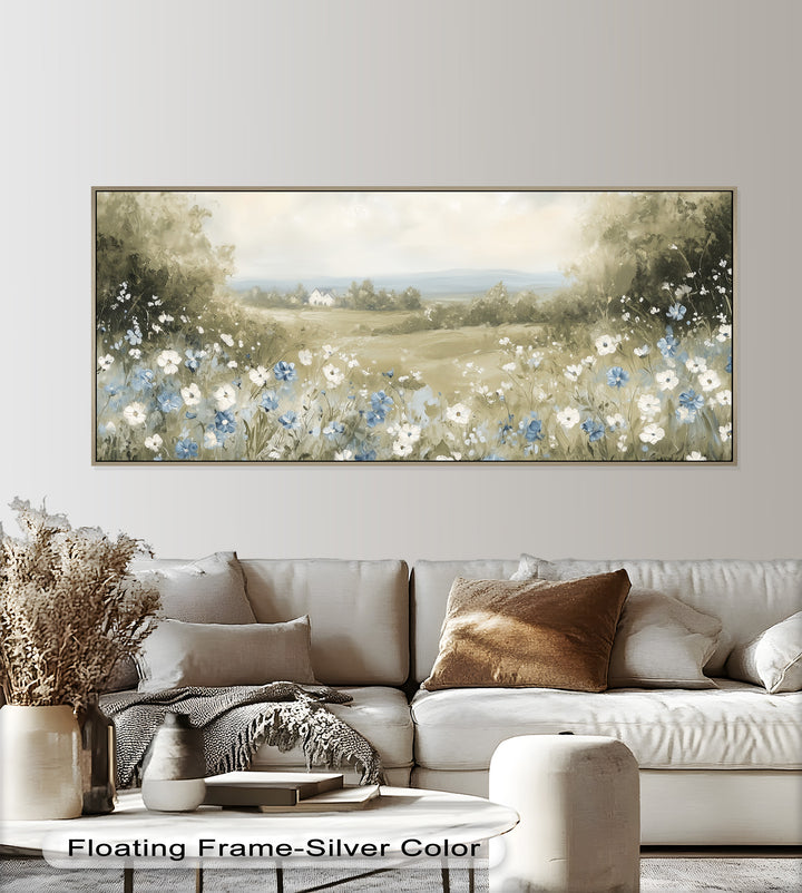 Blue Wildflower Meadow Landscape Oil Painting