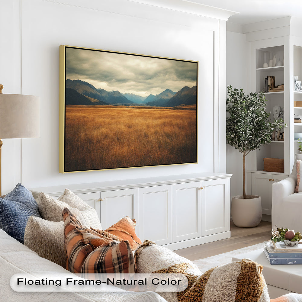 Rustic landscape art featuring wide open fields and towering peaks.
