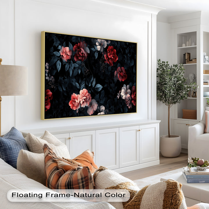 A richly toned floral pattern showcasing graceful blossoms in red and pink hues, contrasted by midnight blue leaves.