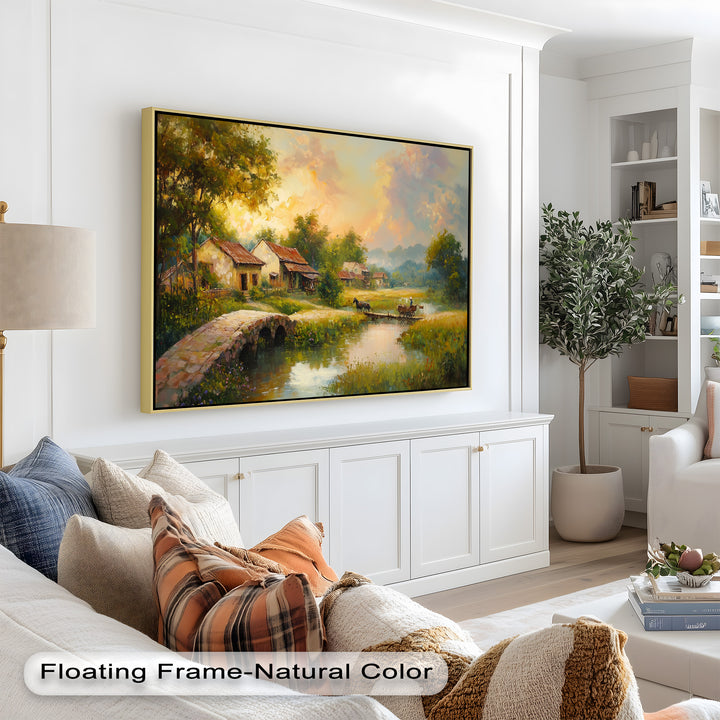 A picturesque village scene unfolds in this stunning oil painting, showcasing a rustic bridge, peaceful water reflections, and charming country homes. The soft sunset light enhances the dreamy, timeless quality of this landscape, making it a captivating statement piece.