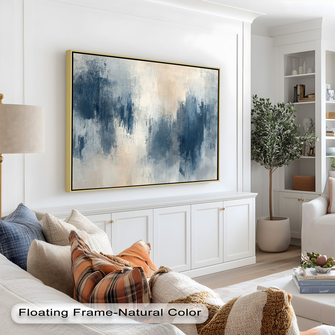 Echoes in Mist – Stimmungsvolles abstraktes Ölgemälde in Blau und Beige