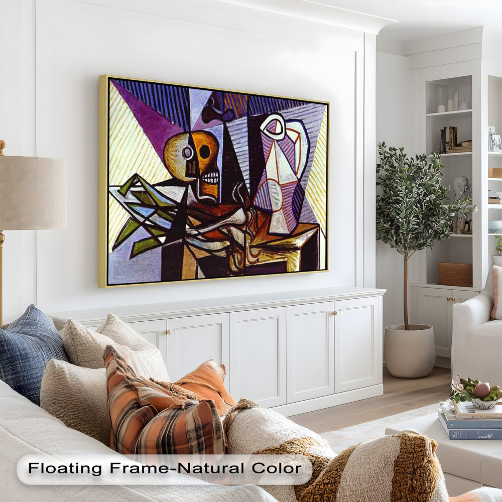 Vivid abstract composition with a golden skull, fragmented background, and stylized vessel in Picasso’s synthetic cubist style.