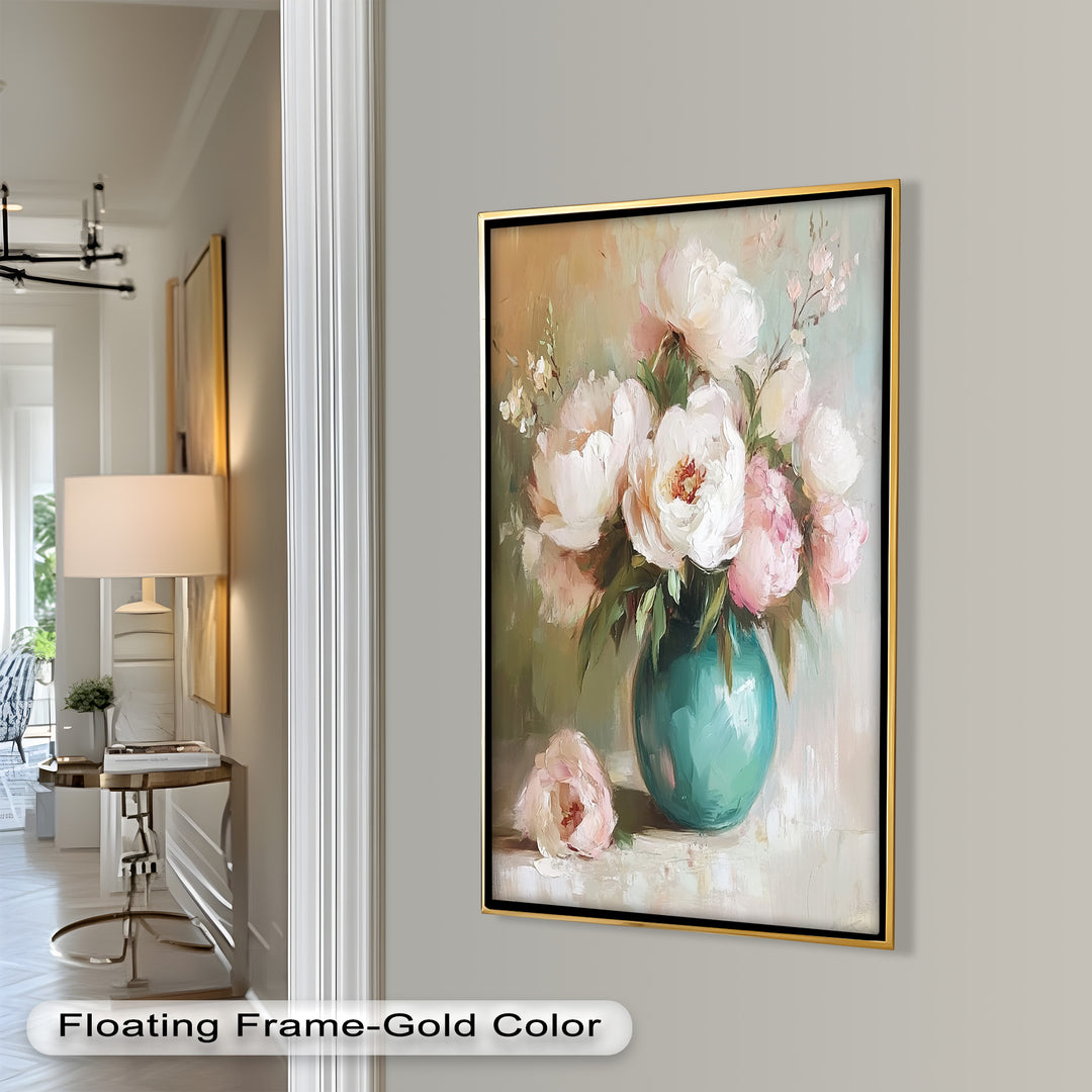 Blushing Peonies in Jade Vase – Romantic Flower Oil Painting