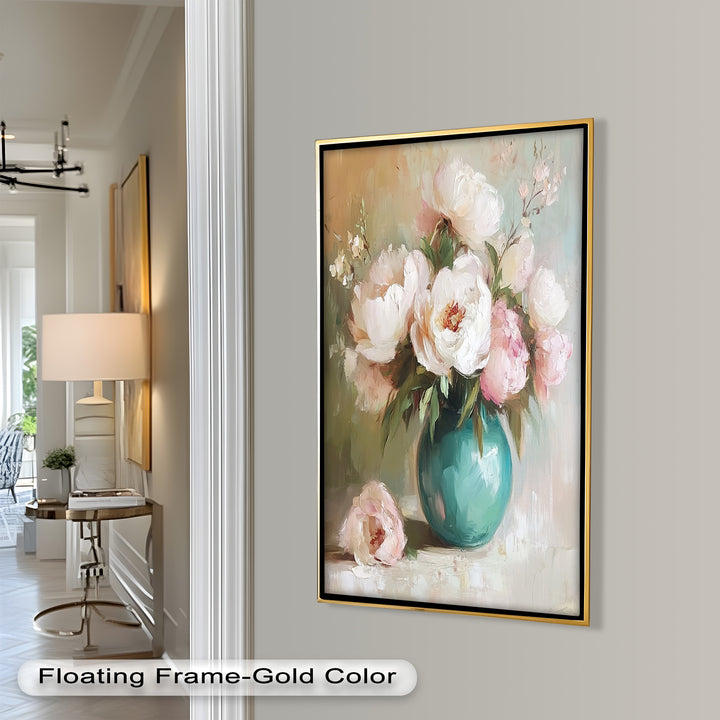 Blushing Peonies in Jade Vase – Romantic Flower Oil Painting