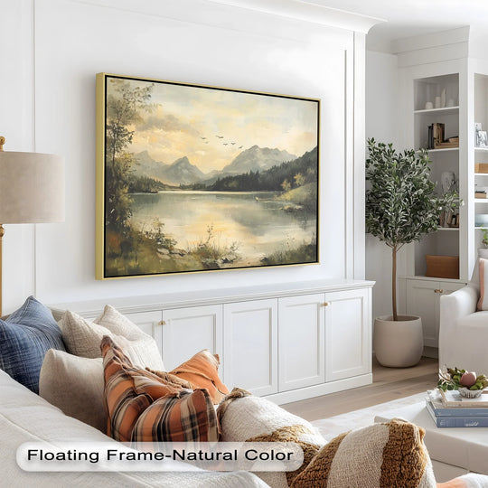 Featuring a natural floating frame, this vintage wild river landscape oil painting artwork presents a gallery-wrapped finish with golden accents.