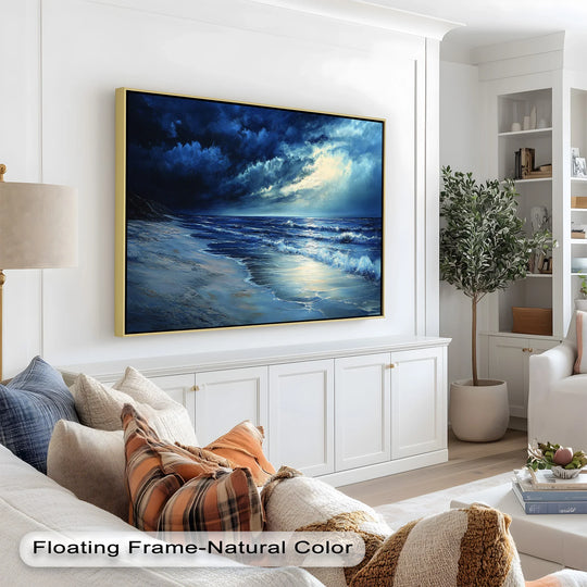 Negative space highlights the dramatic stormy night seascape in this oil painting reproduction print, creating depth in the horizon and contrasting with the bright sky.