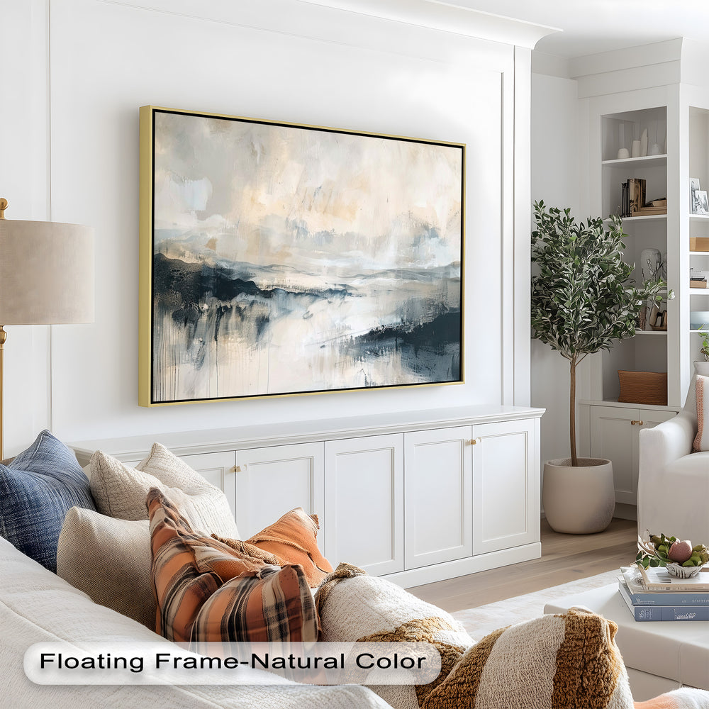 A minimalist and atmospheric composition captures the serenity of nature through expressive brushstrokes, where delicate shades of gray, beige, and black create depth and movement.