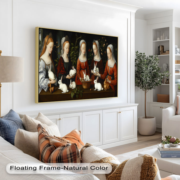 Maiden Garden Gathering – Renaissance Rabbit Portrait Oil Painting