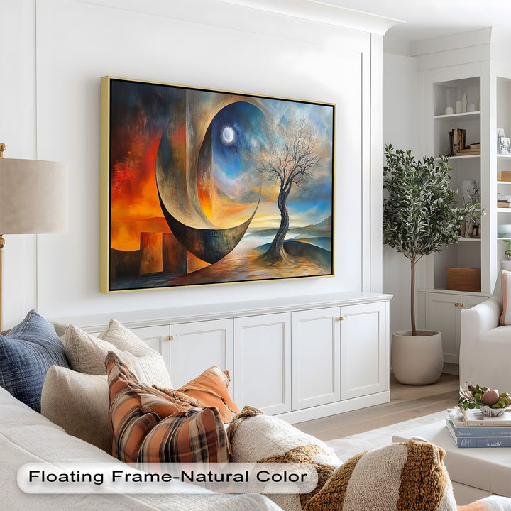 Moonlit Tree and Surreal Horizon - Abstract Oil Painting