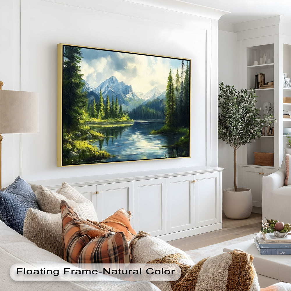 With vivid greens, blues, and natural reflections, the artwork evokes a refreshing sense of tranquility and untouched wilderness.