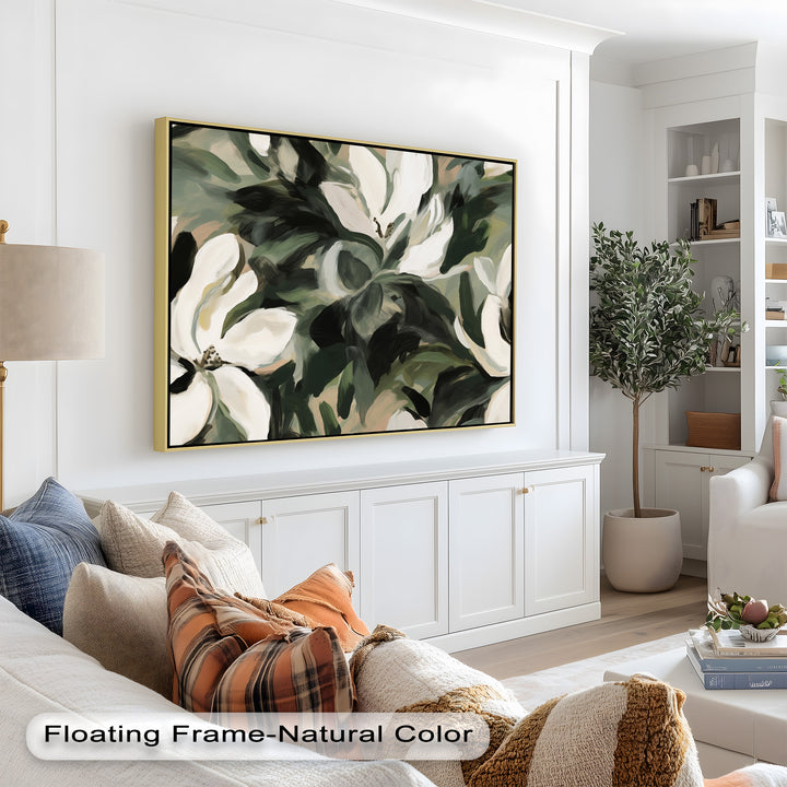 Cream Blooms in Forest Green - Flower Oil Painting