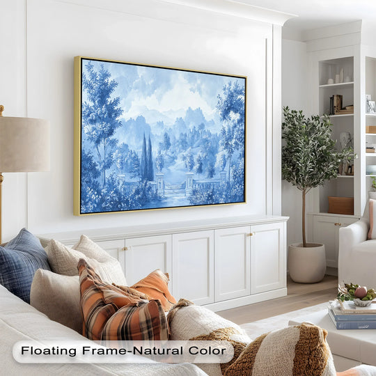 The monochromatic palette gives the artwork a refined, timeless feel reminiscent of traditional toile or antique porcelain scenes.