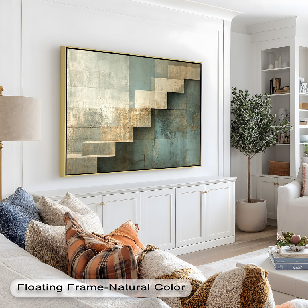 Textured abstract composition with a staircase motif and aged gold accents.

