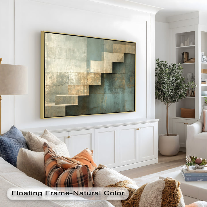 Textured abstract composition with a staircase motif and aged gold accents.
